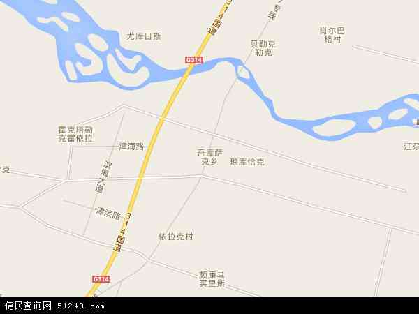 中国新疆维吾尔自治区喀什地区疏附县吾库萨克镇地图(卫星地图)图片
