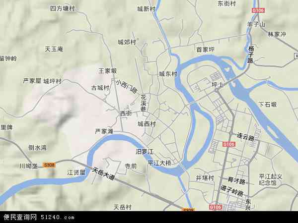 中国湖南省岳阳市平江县城关镇地图(卫星地图)图片