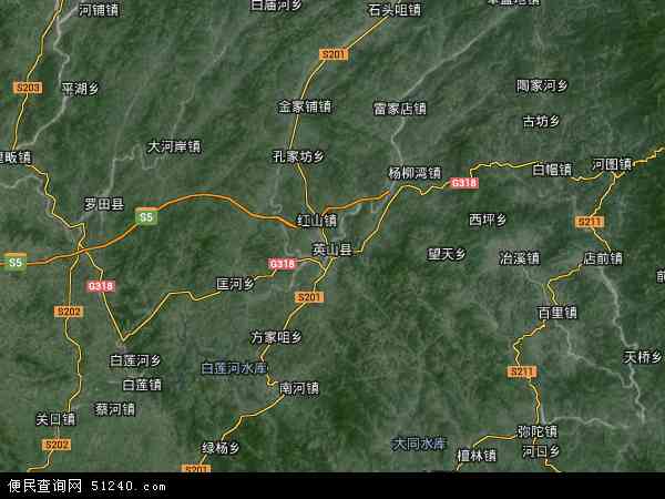 中国湖北省黄冈市英山县五峰山林场地图(卫星