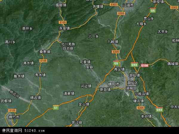 中国四川省绵阳市安县地图(卫星地图)